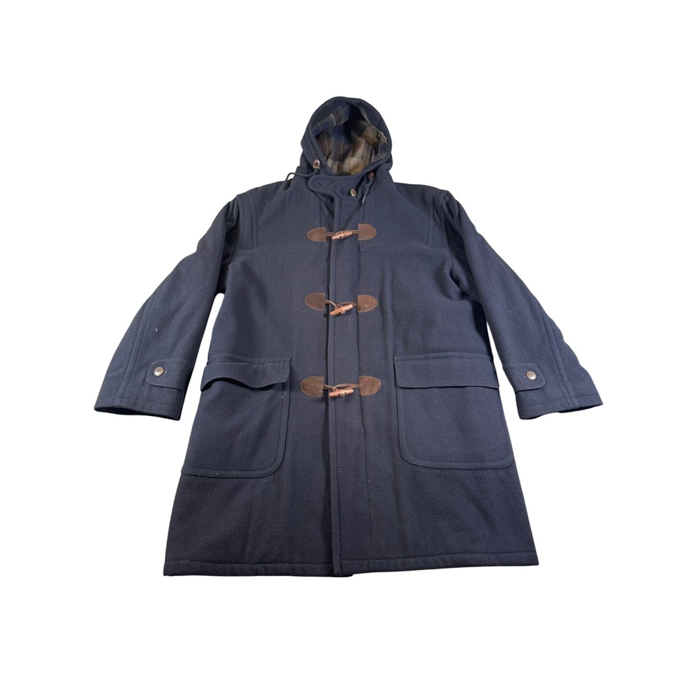 Vintage LL Bean Mens Wool Duffle Coat Blue Plaid Lined Thinsulate Toggle Hood L